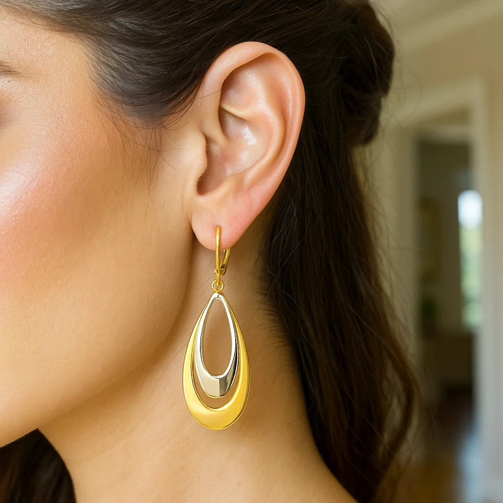 14k Two-Tone Gold Graduated Open Double Teardrop Earrings