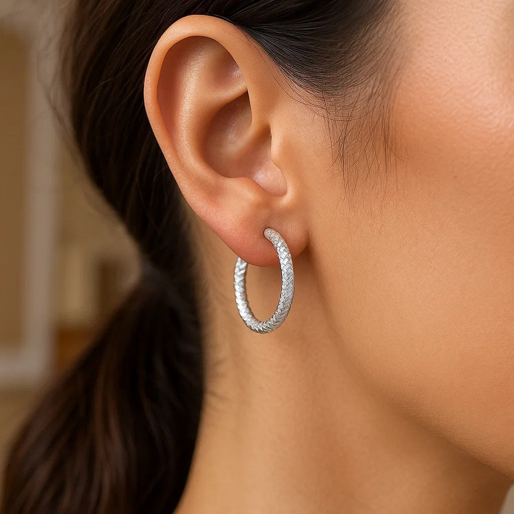 Sterling Silver Large Hoop Earrings with Braid Texture(3x20mm)