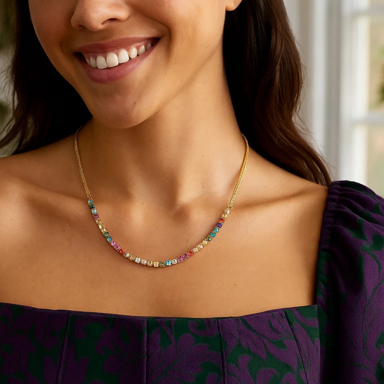 Sterling Silver Gold Plated Rainbow CZ Necklace